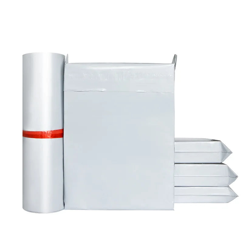 White plastic shipping mailer envelope with rolled packing film and red band