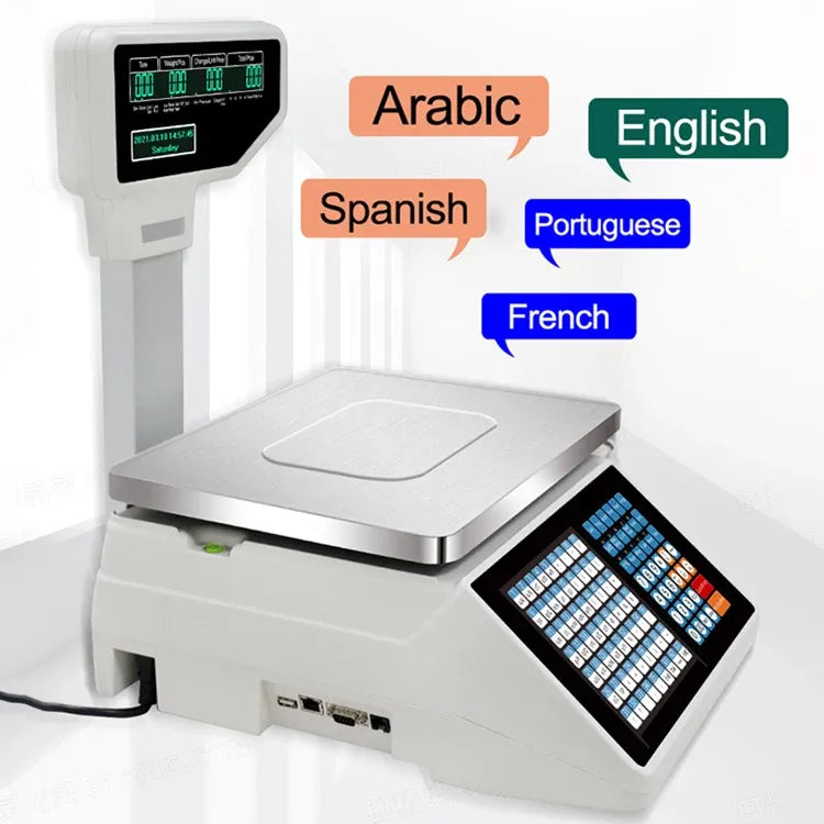Multilingual retail price barcode weighing scale with backlit screen and base