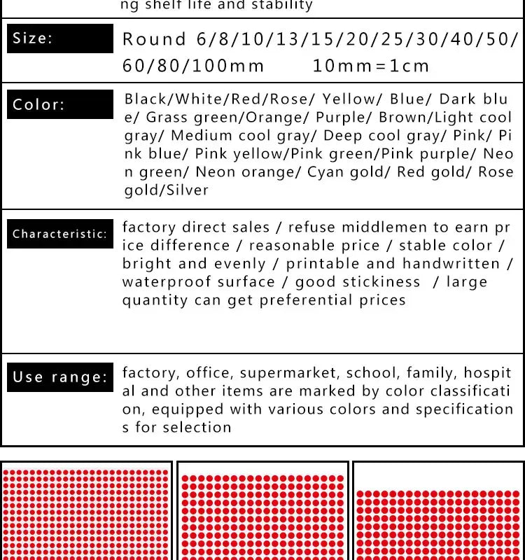 Printable round dot sticker sheets color and size spec boxes with sample dots