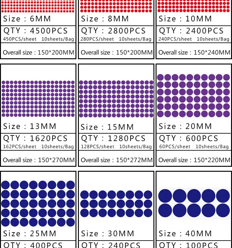 Purple and blue round dot sticker sheet samples labeled sizes 6mm to 40mm