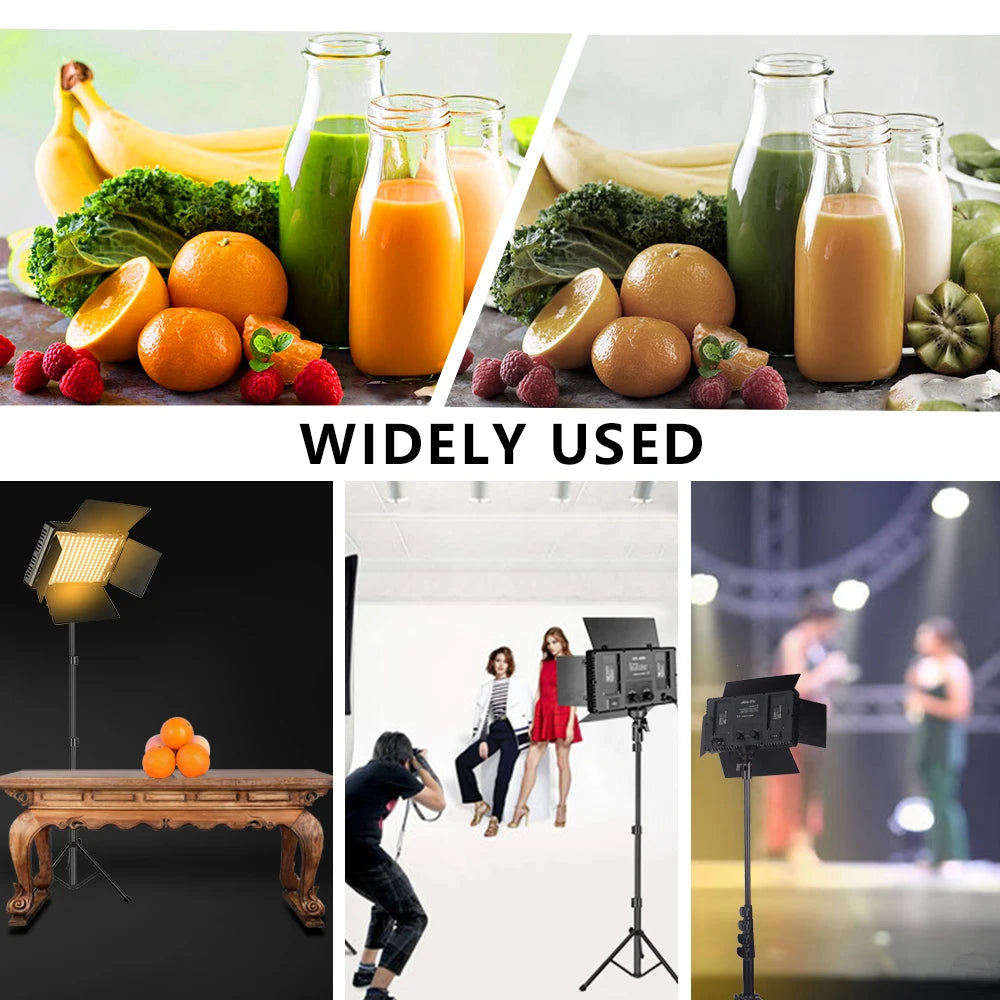 LED panel light on a tripod stand used for food photography, studio portraits, and stage lighting.