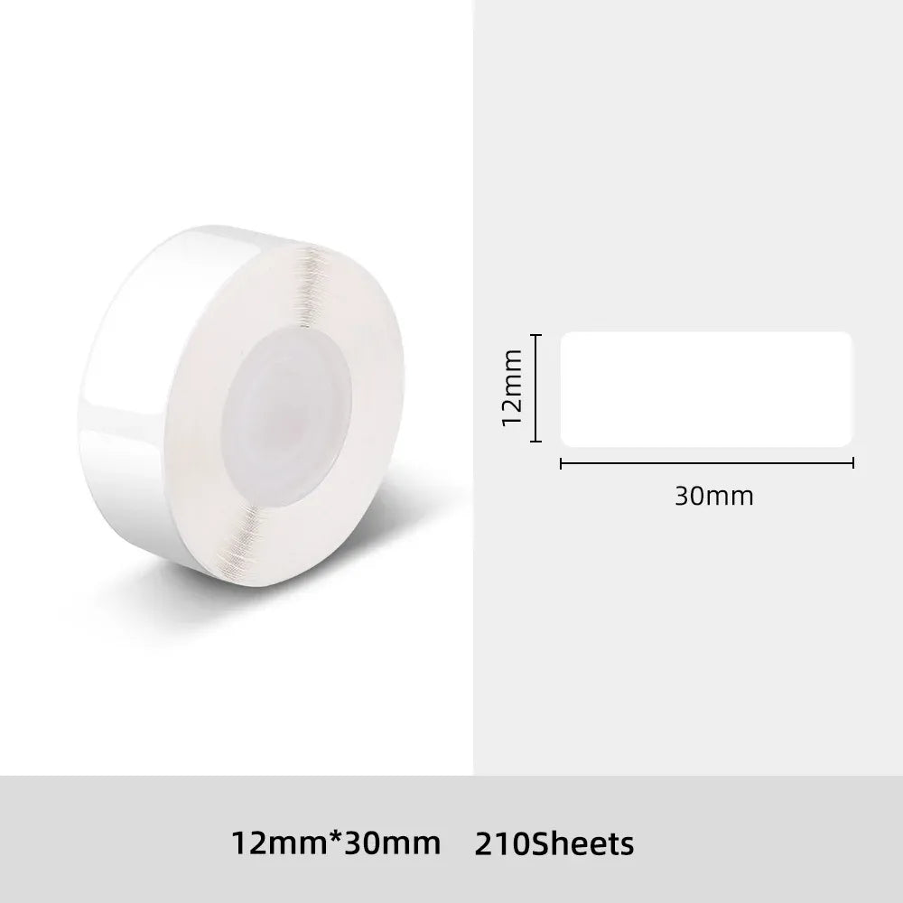 White thermal label roll with 12mm x 30mm size diagram