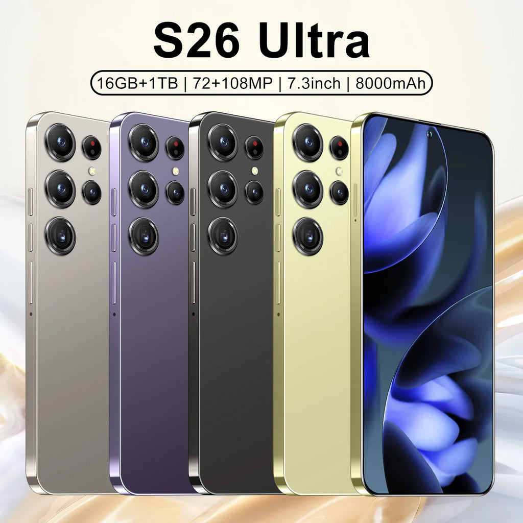 S26 Ultra 5G smartphone with 7.3 inch HD screen 108MP camera 16GB RAM and 1TB storage showing side view profile