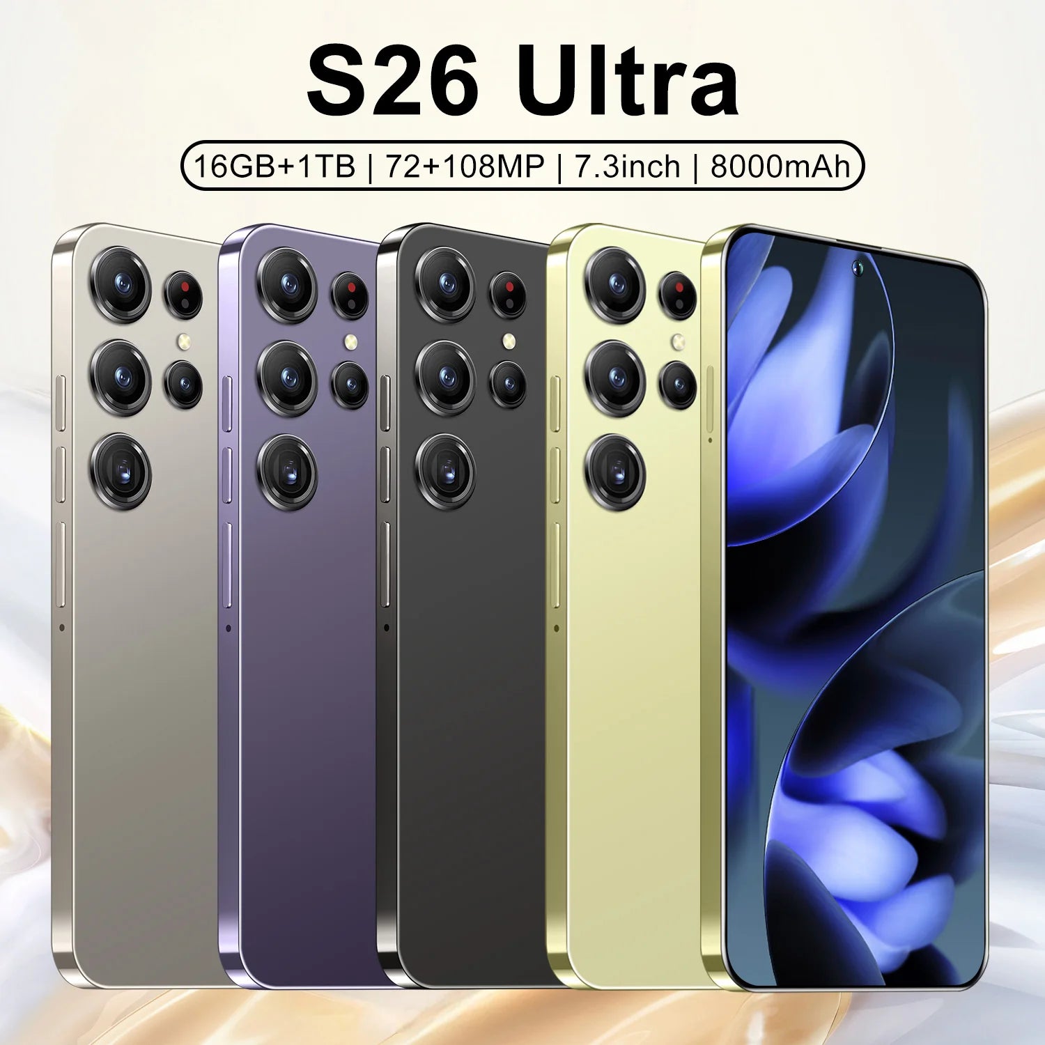 S26 Ultra 5G smartphone with 7.3 inch HD screen 108MP camera 16GB RAM and 1TB storage showing side view profile