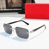 Rimless rectangular sunglasses, silver titanium frame, black wood temples, and grey tinted lenses for a luxury look.