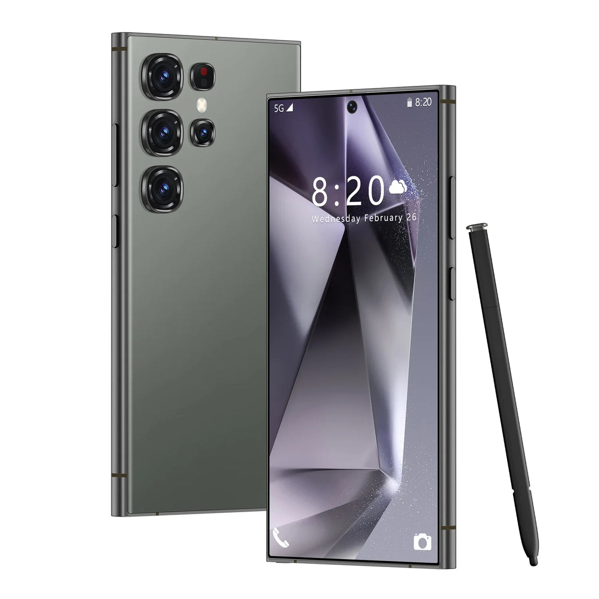 Dark green smartphone back and front display with stylus