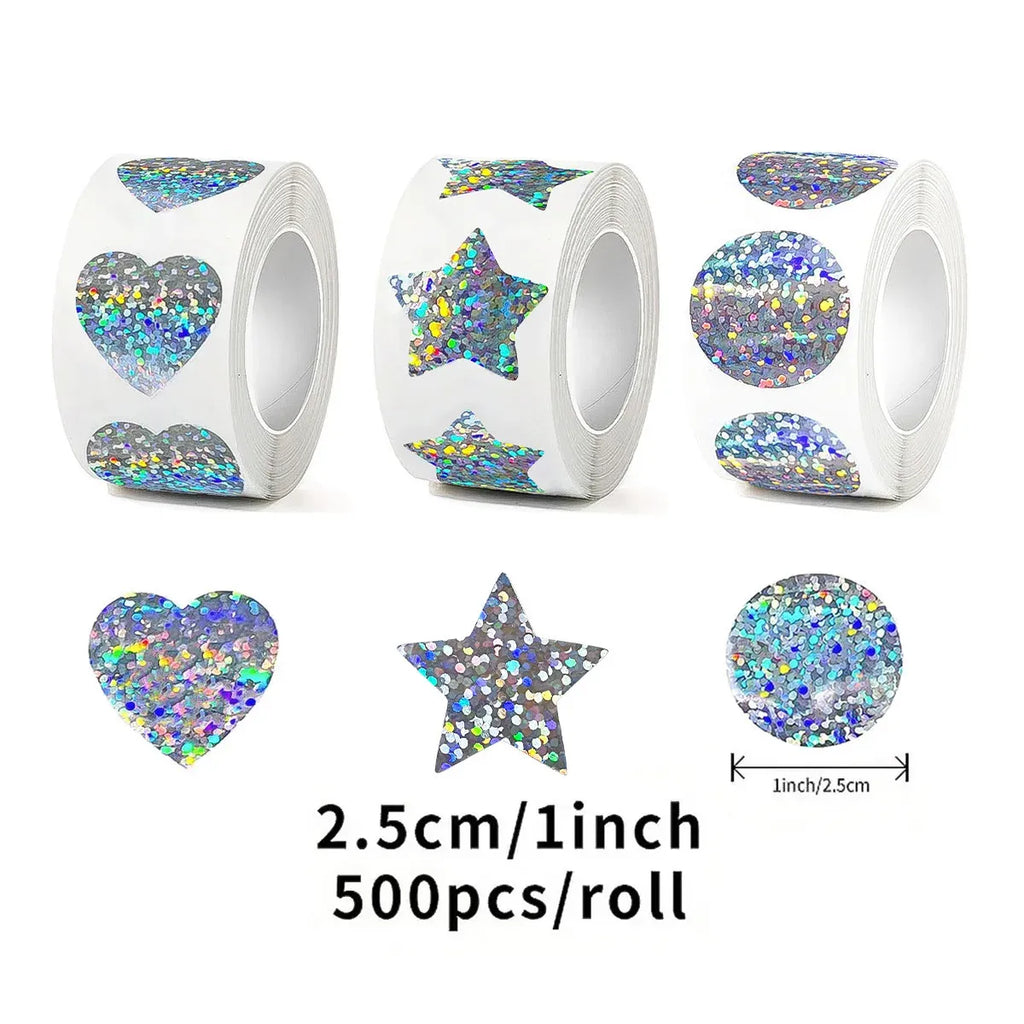 Holographic glitter heart and star sticker roll, 2.5cm labels, 500 pcs