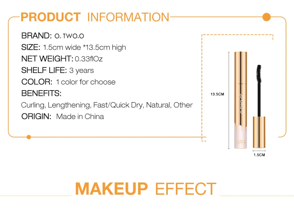 O.TWO.O gold 3D lengthening black mascara with applicator brush, featuring long-wear curling and natural lash formula.
