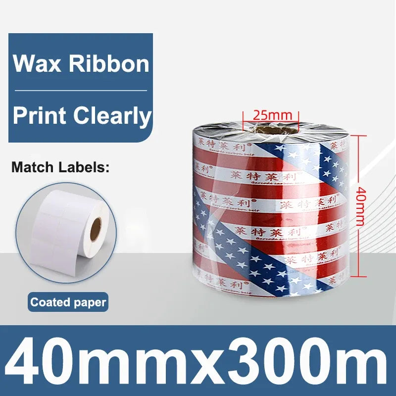 Wax ribbon roll, 40mm x 300m, star-pattern wrap on spool