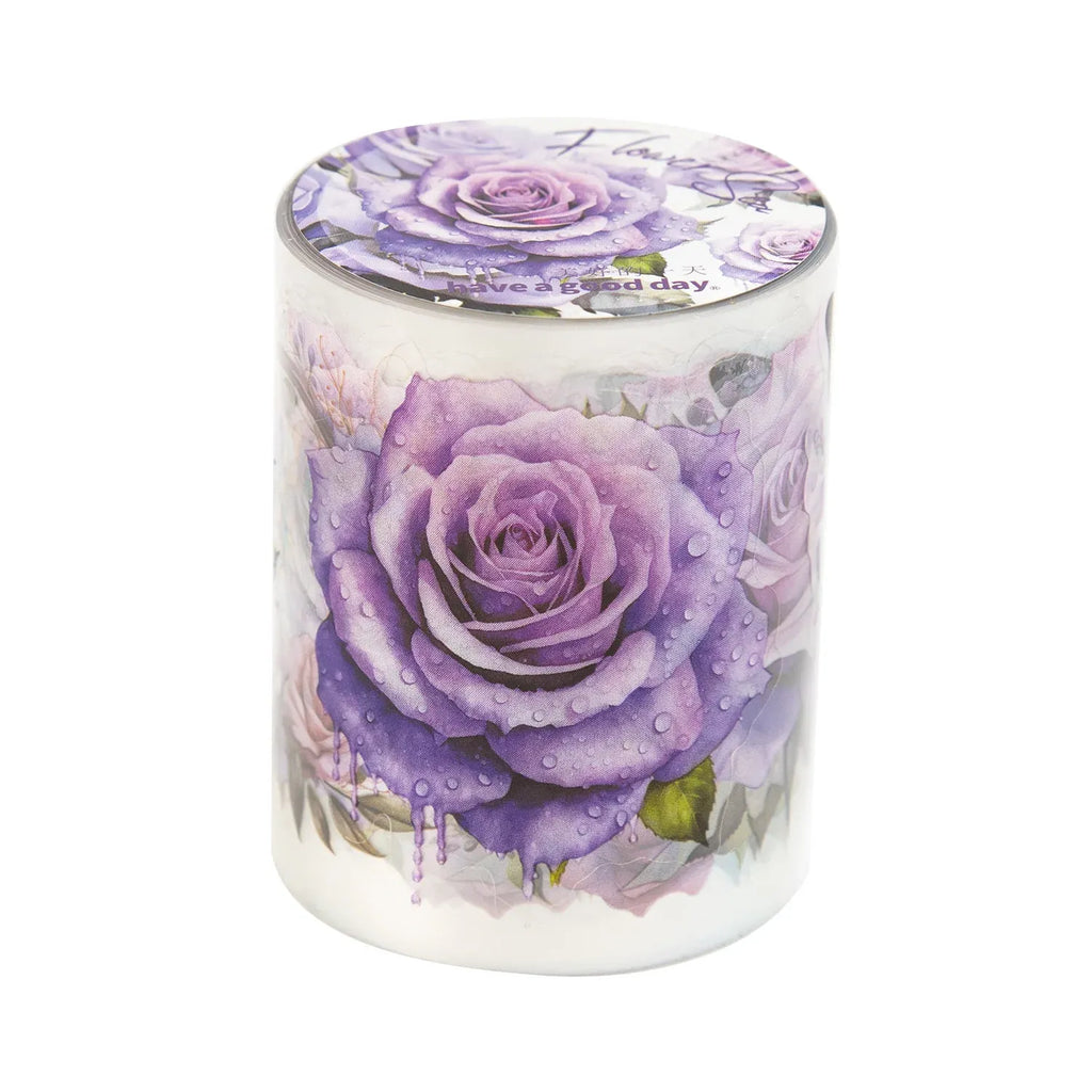 Purple rose masking tape roll with lavender blooms and raindrop details on outer label