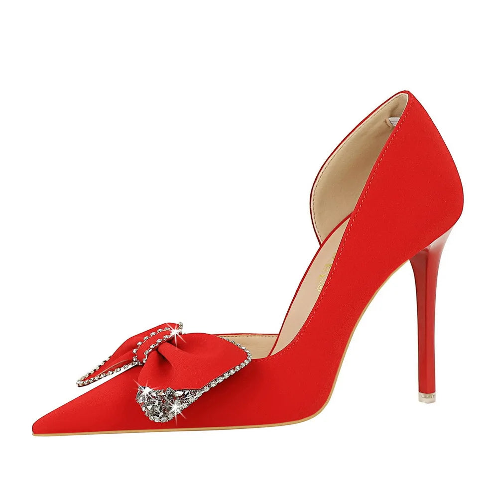 2026 New Water Crystal Bow Tie Womens Formal Solid Slip-On Thin Heels Party Professional High Heels