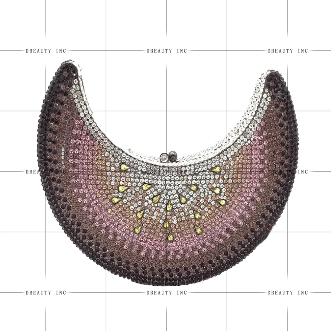 Moon-shaped designer evening clutch in ombre pink and brown rhinestones with unique teardrop crystal embellishments.