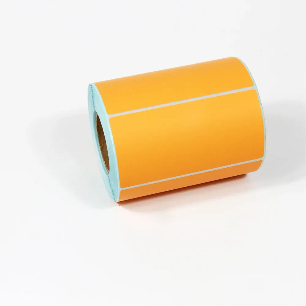 Orange thermal barcode label roll with white horizontal lines, adhesive backing