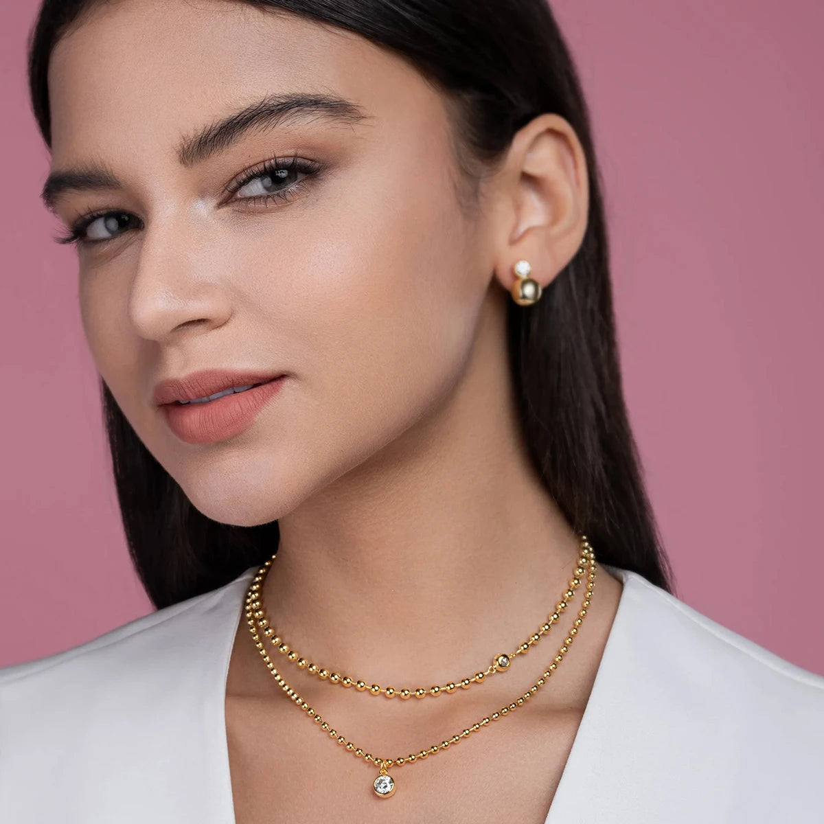 15114 Stacked Design 925 Sterling Silver D Color Moissanite Pendant with Gold Plated Stacking Chain Stylish Layered Necklaces