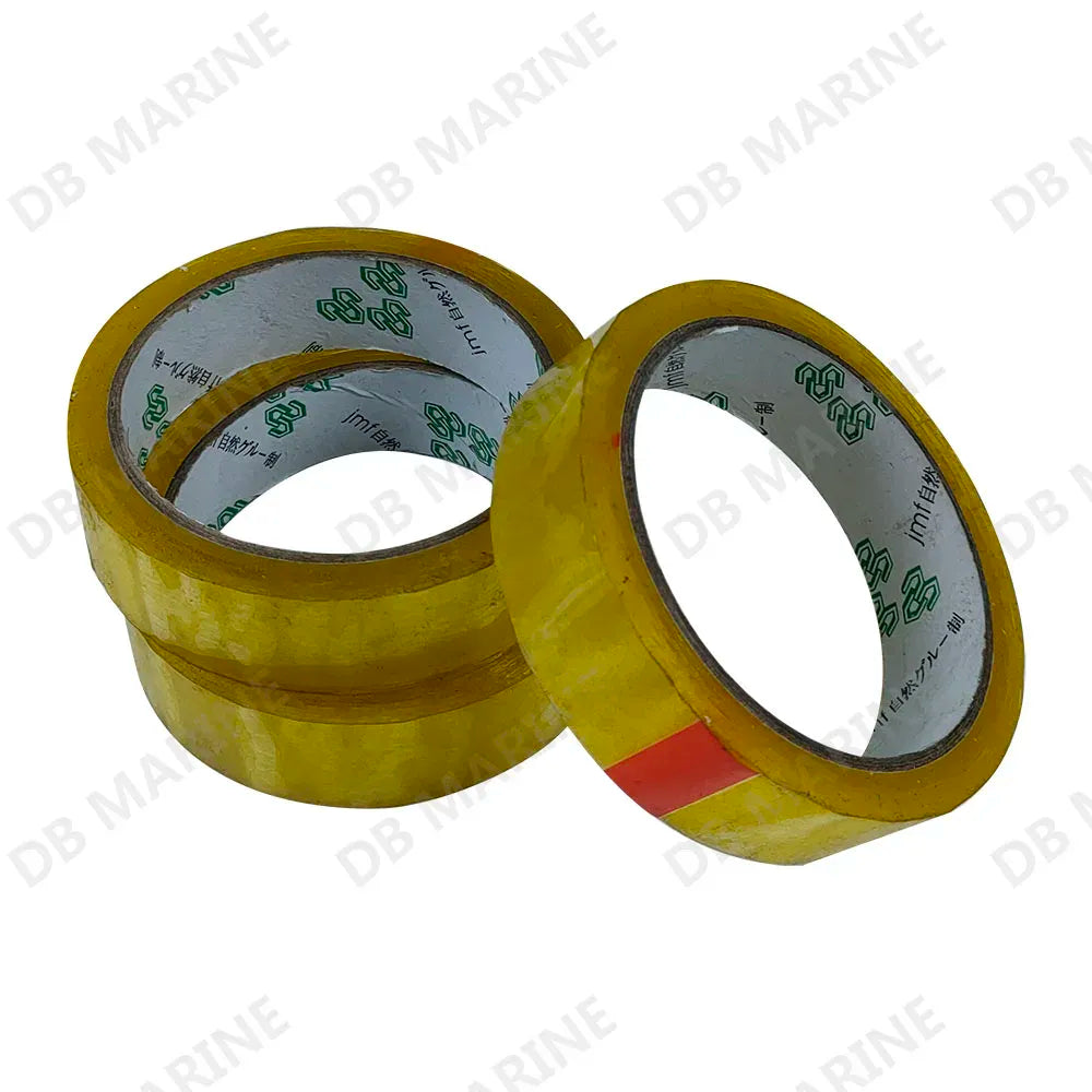 Two yellow transparent packing tape rolls showing clear inner printed backing