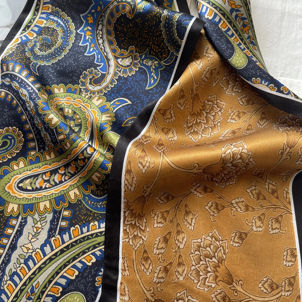 Custom Printing Paisley Twill 100% Pure Silk Edge Narrow Scarves Designer Double Layers Luxury Silk Satin Scarves