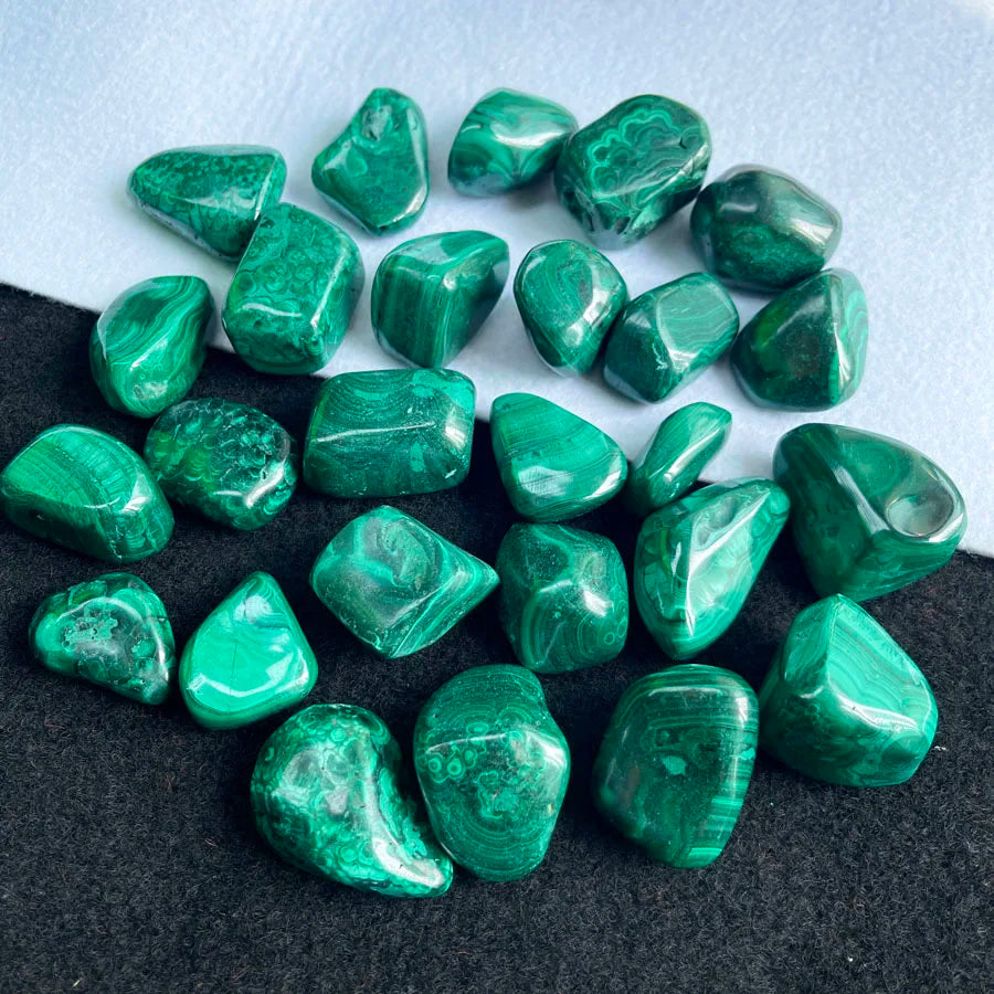Small tumbled malachite stones, glossy dark green mix of rounded and triangular pieces