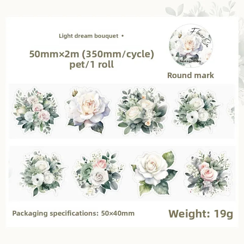 Waterproof PET masking tape roll with light dream bouquet round flower stickers, 50mmx2m