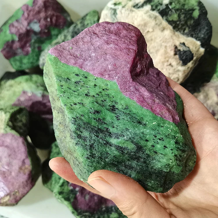 Rough red core and green banded quartz stone, natural jagged edges
