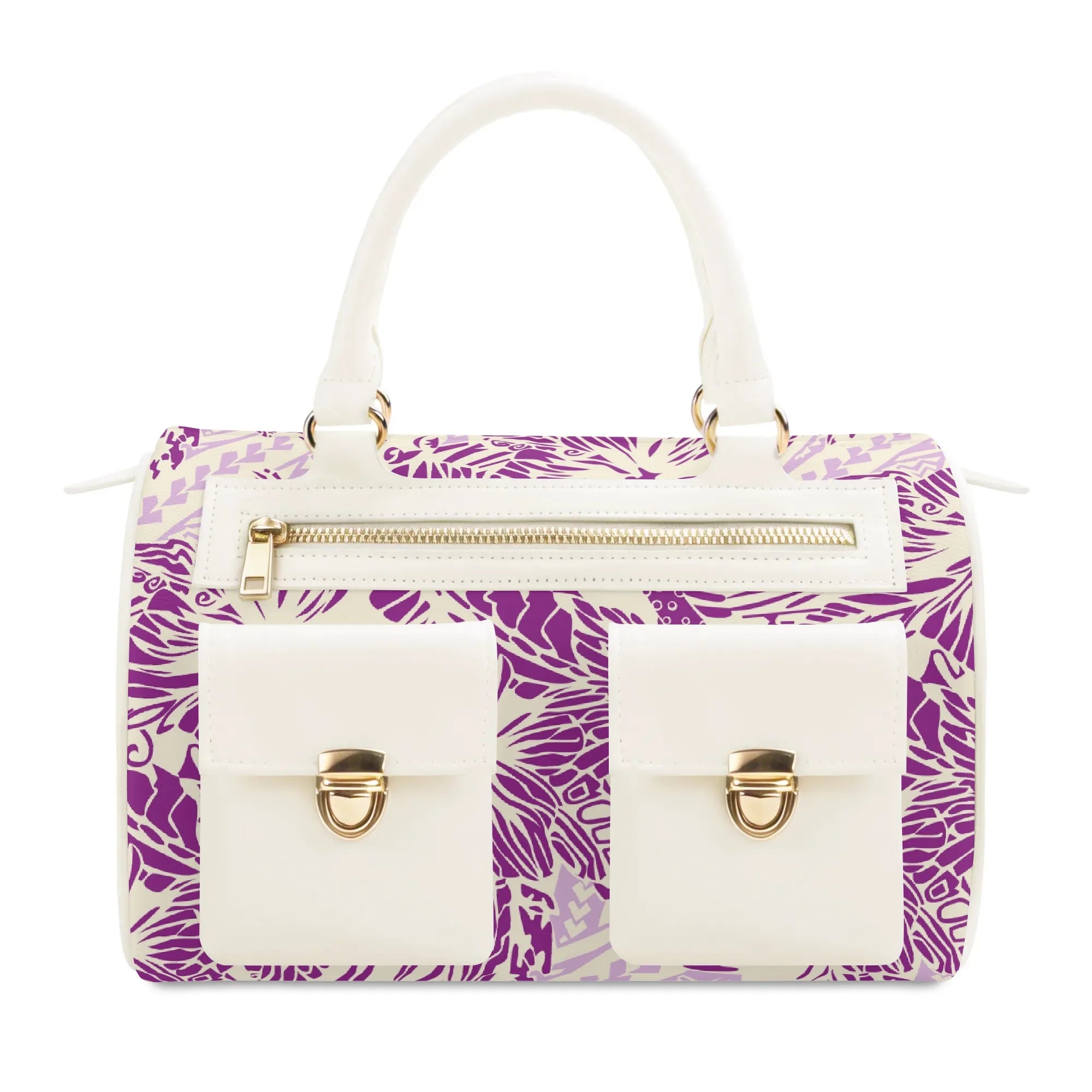 White and purple floral PU leather designer tote bag with front pockets, gold zipper, and metal clasp closures.