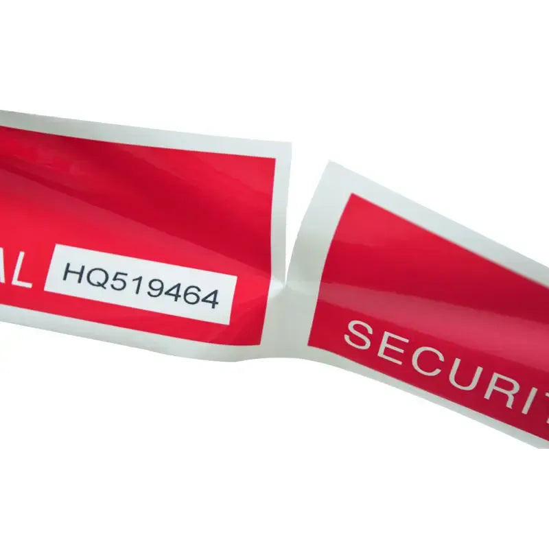 Close-up of red security seal tape showing “SECURITY” text label