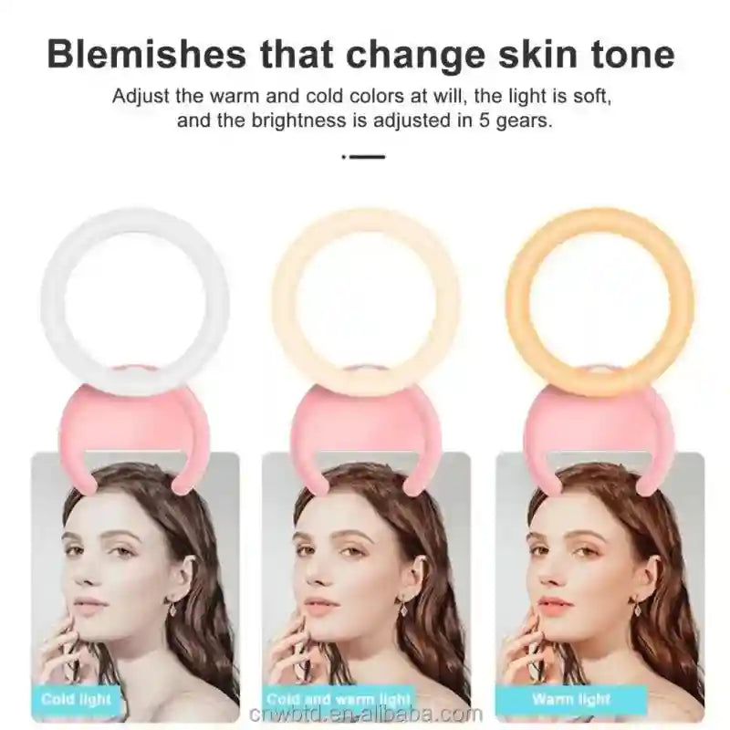 Portable clip-on ring light with adjustable color temperatures and brightness for mobile phone photography and selfies.