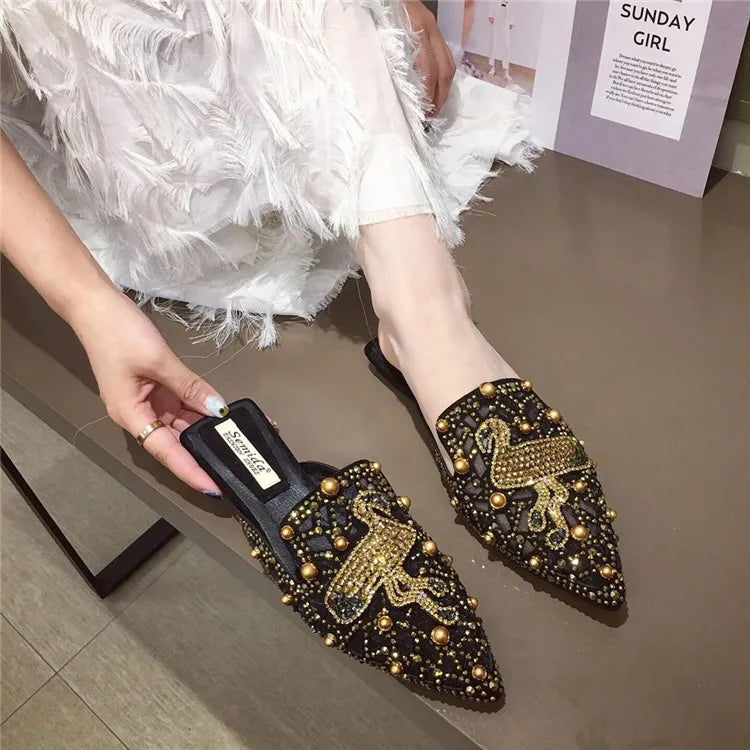 Luxury Rhinestone Outdoor Slippers Closed Toe Female Women Loafer Spring  Flat Shoes with Diamonds