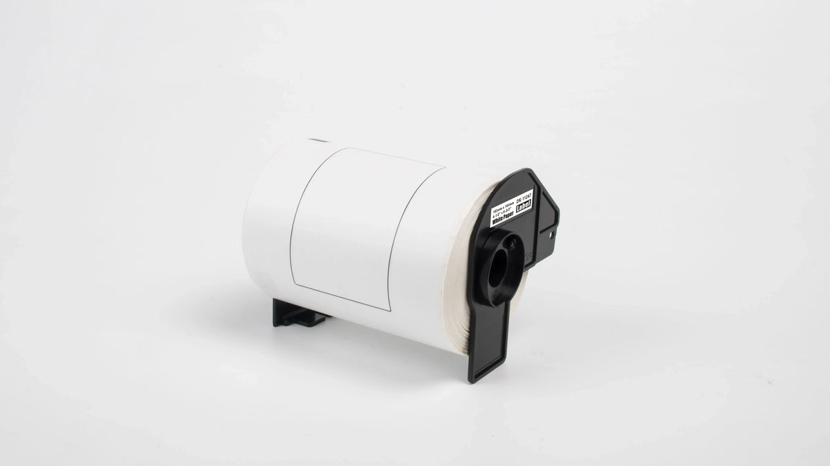 Thermal label roll with black holder, side view