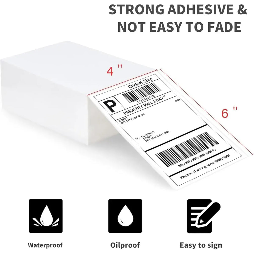 4x6 shipping labels with waterproof and oilproof icons and size markers