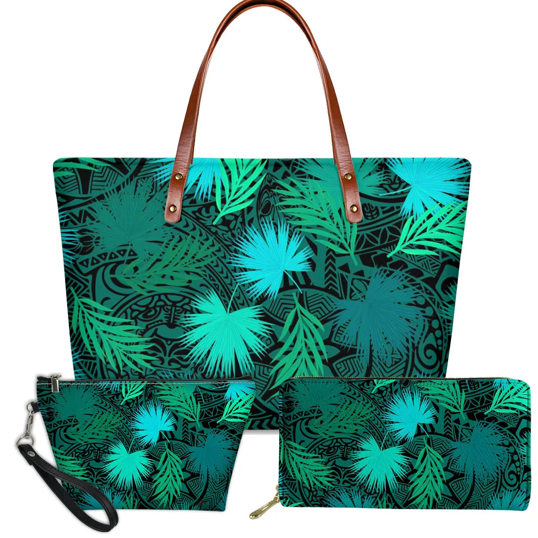 3pc handbag set, teal Polynesian tribal turtle and palm leaf print, brown leather handles, zippered purse and clutch.