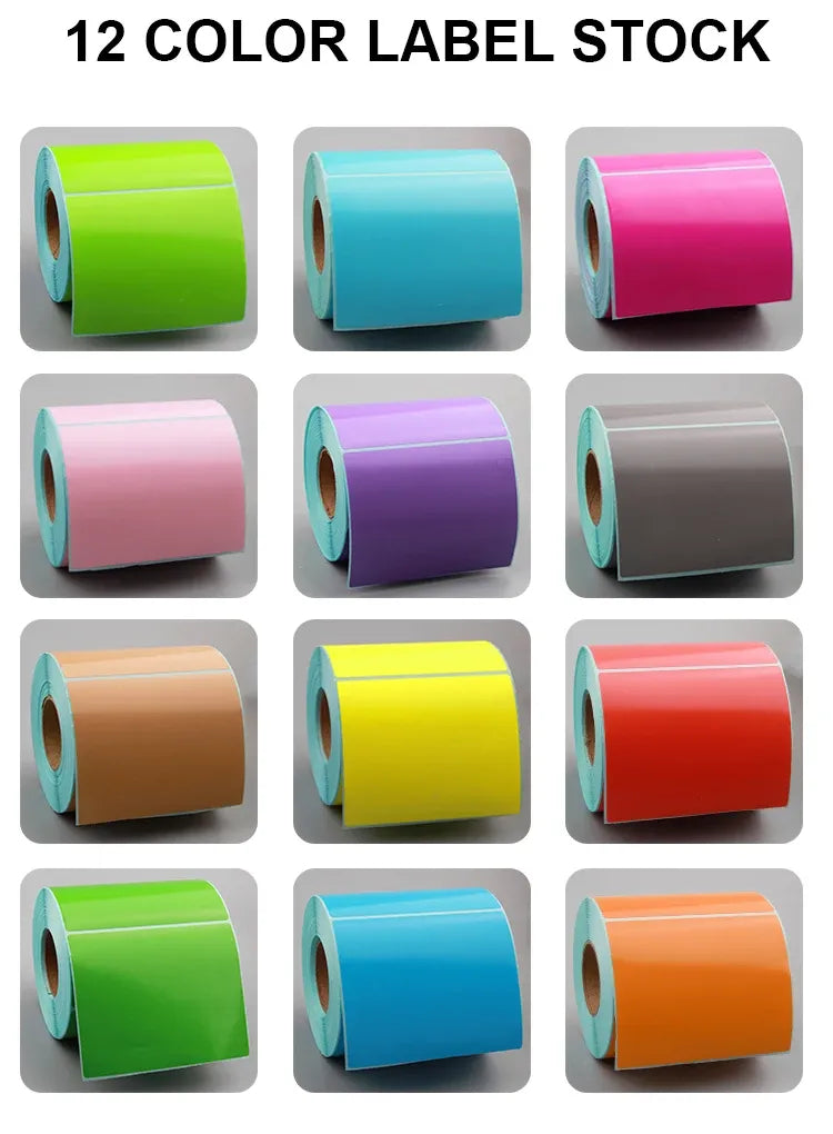 12-color label stock rolls, assorted bright and neutral shades for direct thermal labels
