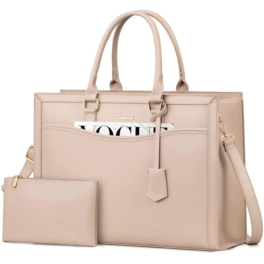 Beige LOVEVOOK designer laptop tote for women, structured faux leather bag with matching pouch for office and travel.