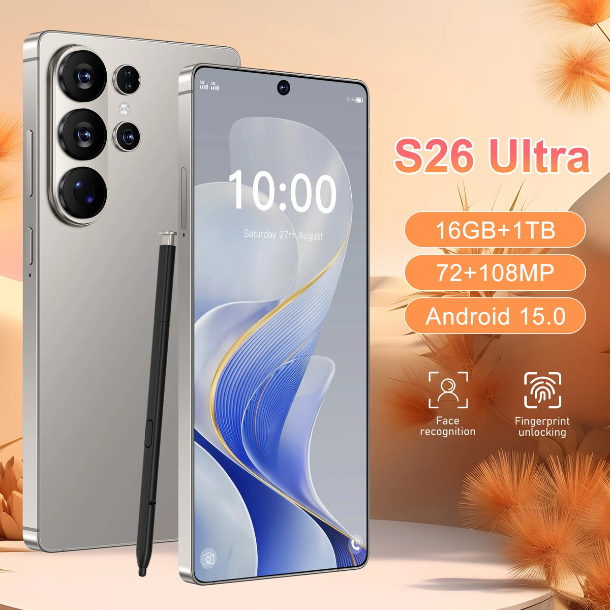 Silver unlocked smartphone with quad rear cameras, front display, and stylus accessory.