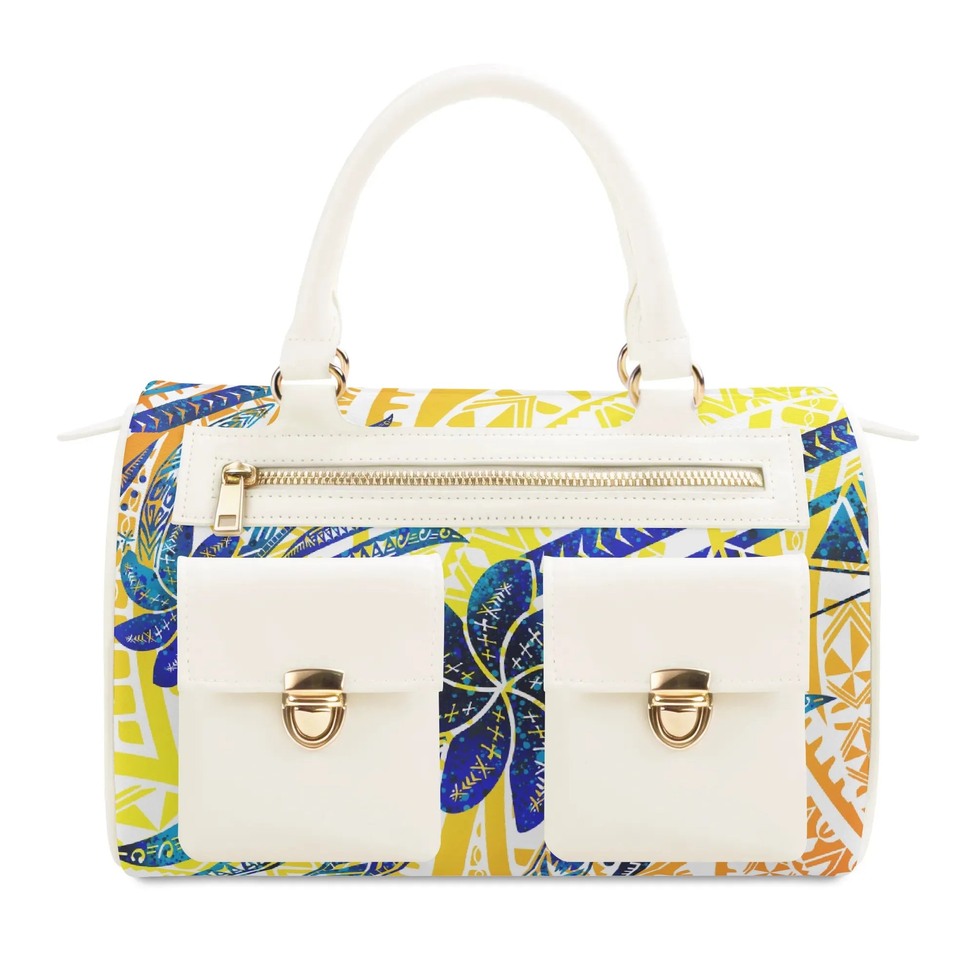 White PU leather designer tote with yellow and blue tribal print, gold hardware, zipper, and two front pocket clasps.