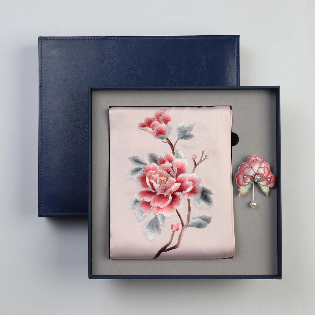 Luxury Artisan Gift Box: Embroidered Silk Scarf with Brooch