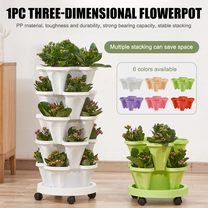 Stackable vertical flower pot planter set, white tower and green tower with tiered pots and wheels