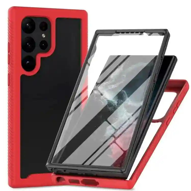 Red and black protective phone case for Samsung S24 Ultra with a built-in screen protector and rugged frame.