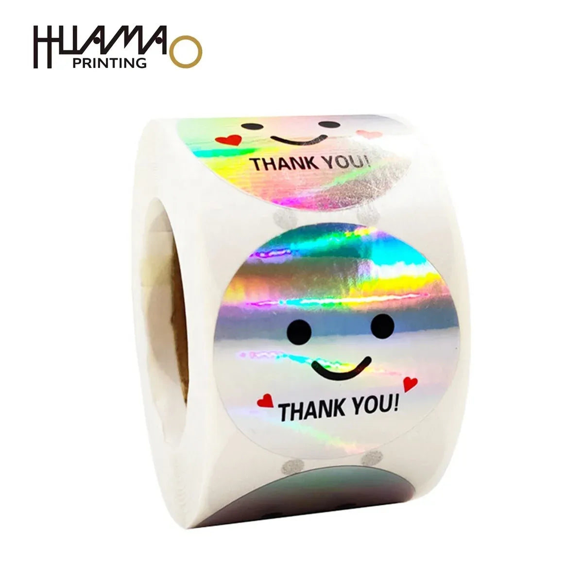 Holographic rainbow smile “Thank you” sticker roll, waterproof vinyl