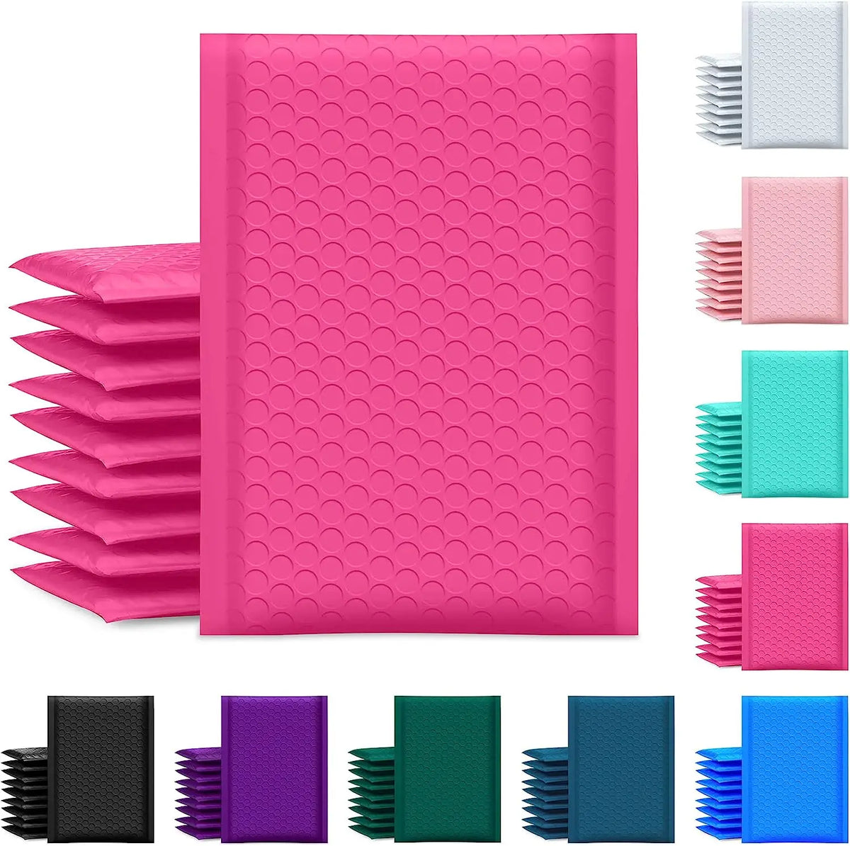 Pink bubble poly mailer bag with raised dot texture, stacked shipping envelopes