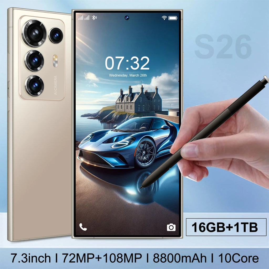 S26 Ultra smartphone with 7.3 inch display and long battery life released in 2026 factory unlocked gold edition