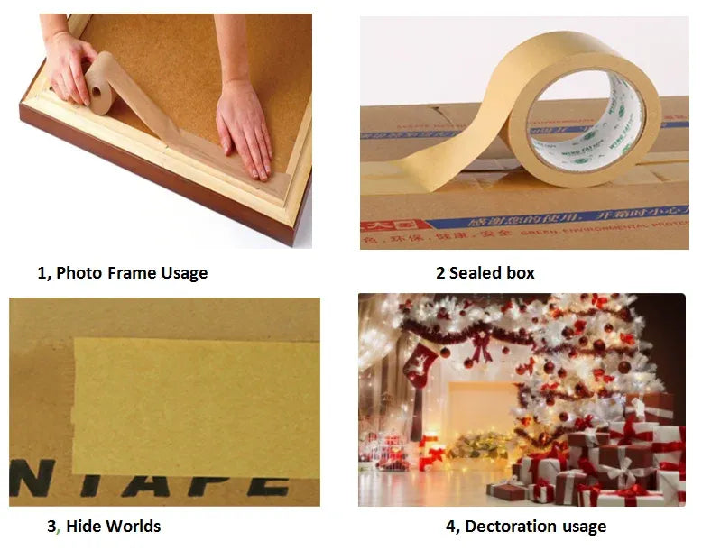 Kraft paper tape roll pressed onto box seam for sealing and decoration