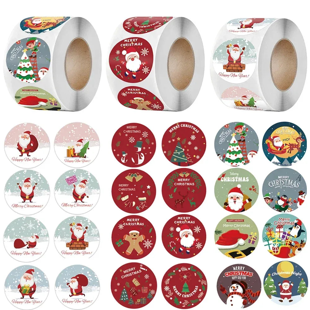 Christmas sticker roll with many round designs featuring Santa, trees, and “Merry Christmas”
