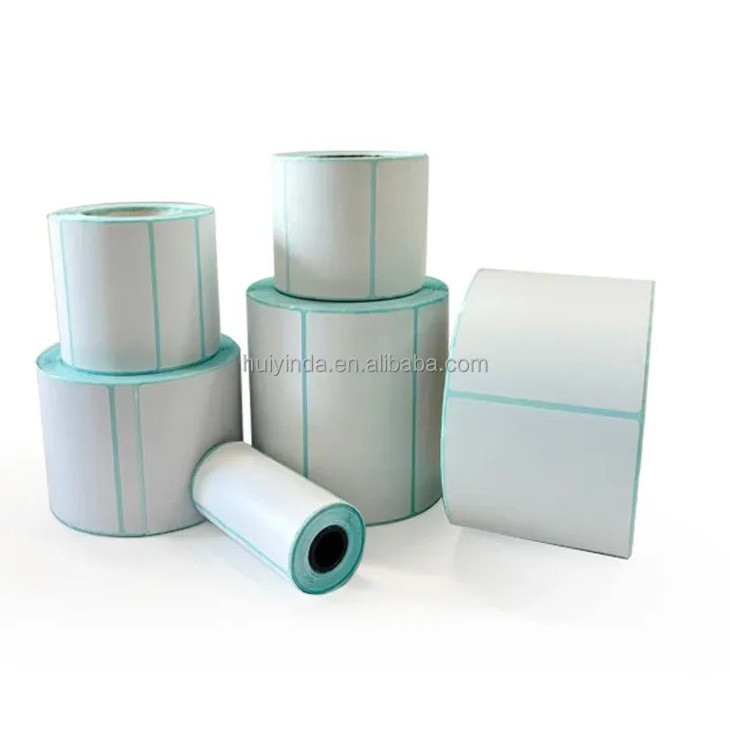 Set of thermal label rolls and folded sheet, white with teal border stripe