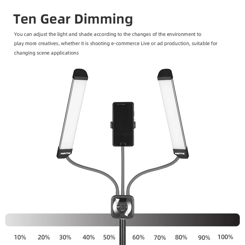 Dual LED light bars on adjustable gooseneck arms with a central smartphone mount, used for studio or video lighting.