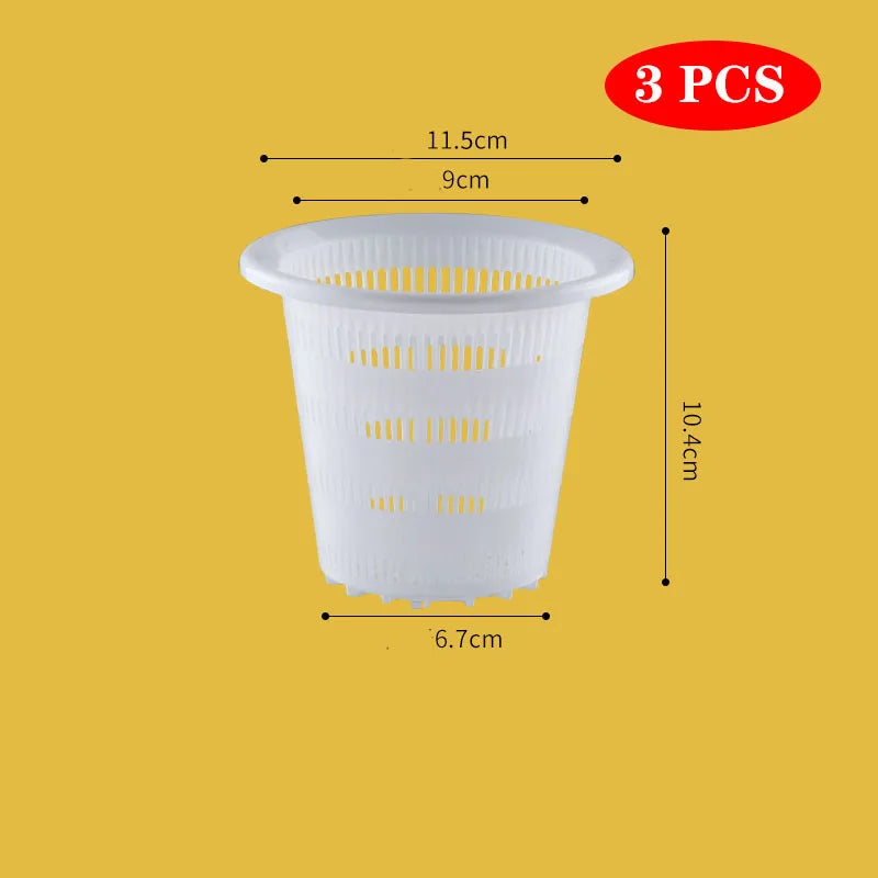 White plastic mesh hydroponics net cup, 3-pack, 6.7cm wide and 10.4cm tall