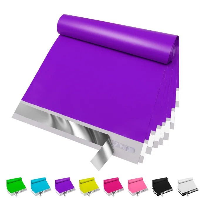 Purple 10x13 privacy poly mailers with self-sealing strip, tear- and water-resistant