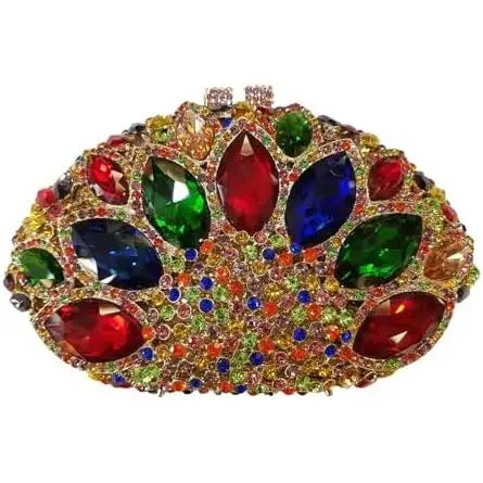 Luxury oval evening clutch with multi-colored rhinestone crystals and large red, blue, and green jewel accents.