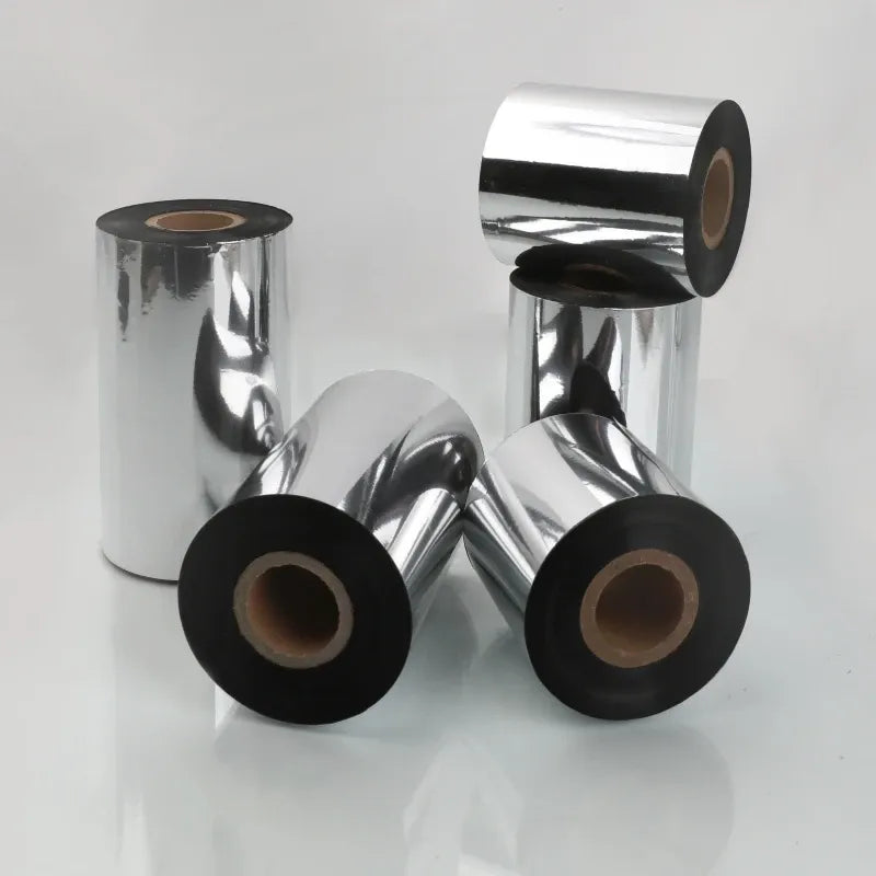 Black wax thermal transfer ribbon rolls with silver outer film and cardboard cores