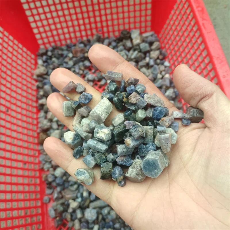 Palmful of rough blue sapphire crystal gemstone chips, mixed blue and gray