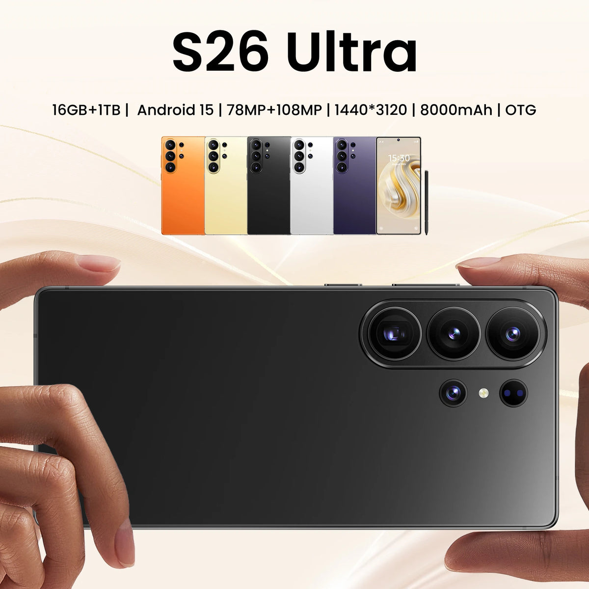 Black smartphone back with triple cameras, held in left hand